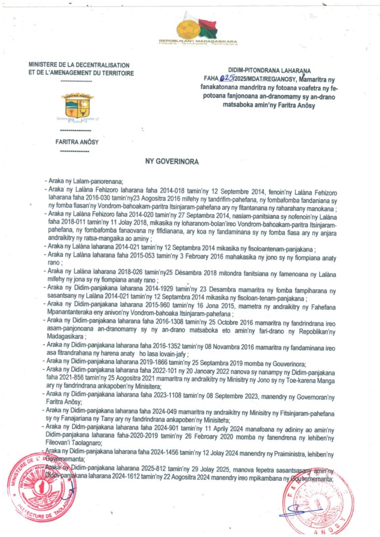 Arrêté mamaritra ny fanakatonana ny fanjonoana andranomamy sy an-drano matsaboka 2025