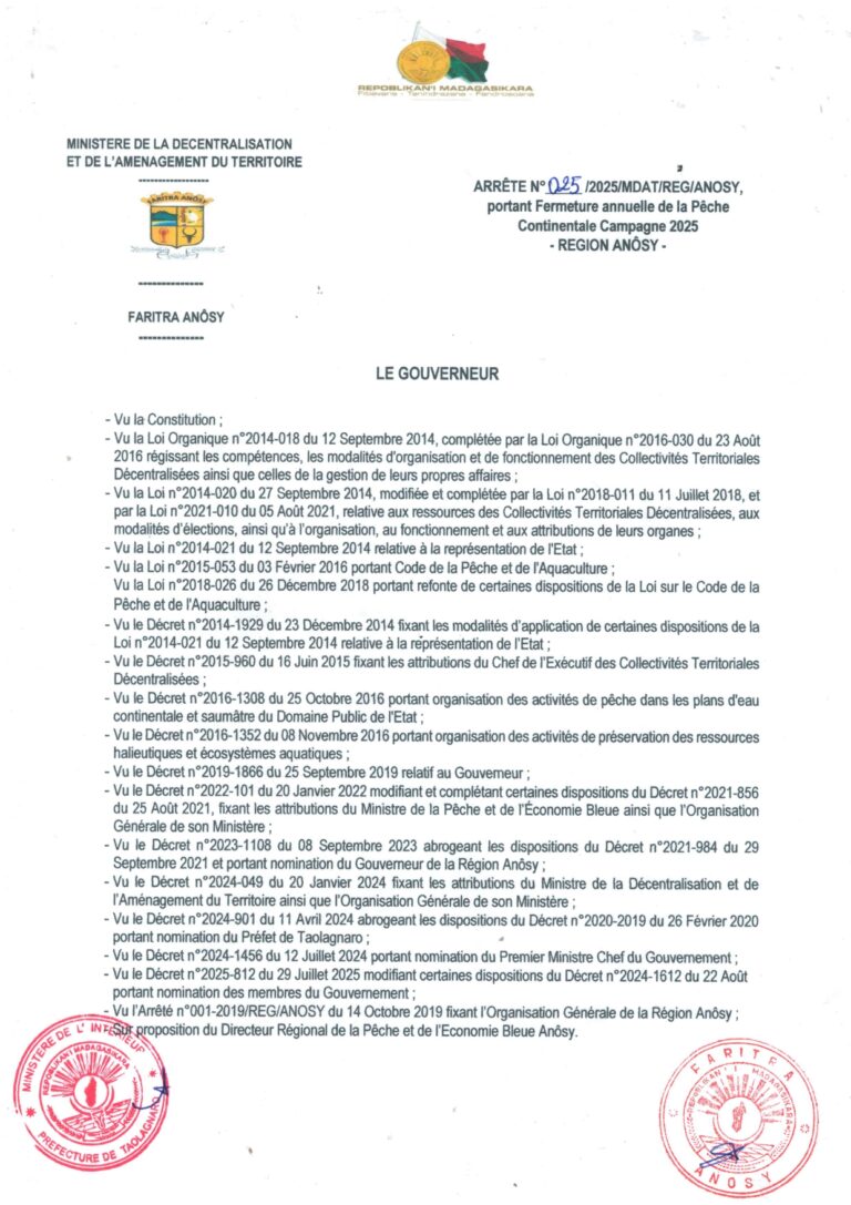 Arrêté portant fermeture annuelle de la Pêche Continentale 2025