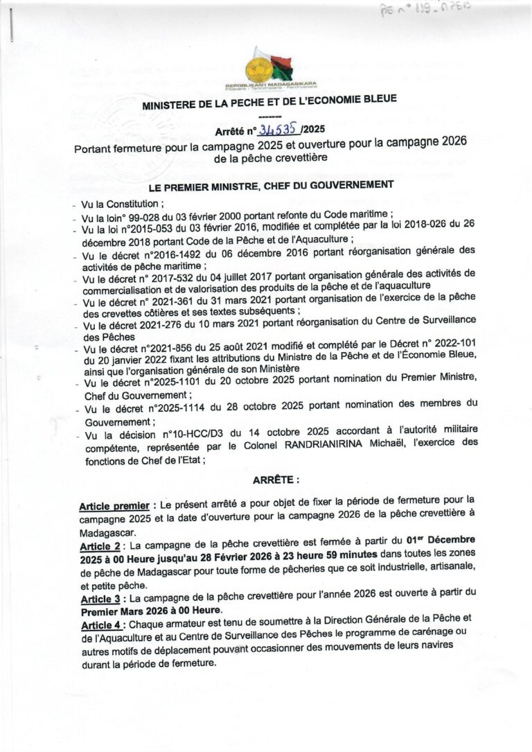 ARRETE N°34535/2025 Portant fermeture pour la campagne 2025 et ouverture pour la campagne 2026 de la Pêche crevettière