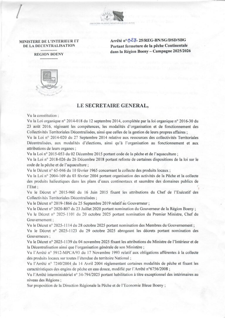 Arrêté nº 028-25/REG-BN/SG/DSD/SBG Portant fermeture de la pêche Continentale dans la Région Boeny – Campagne 2025/2026